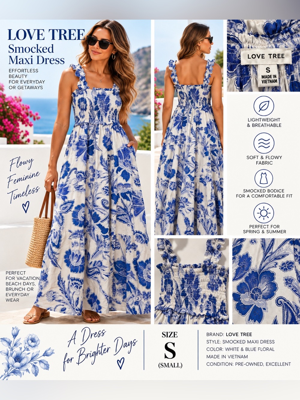LOVE TREE White & Blue Floral Smocked Maxi Dress